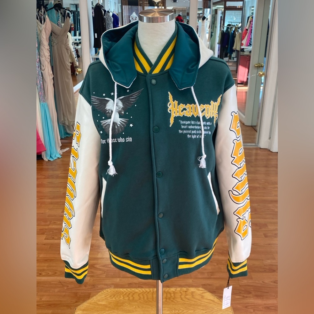 Green and ivory baseball jacket with detachable hood